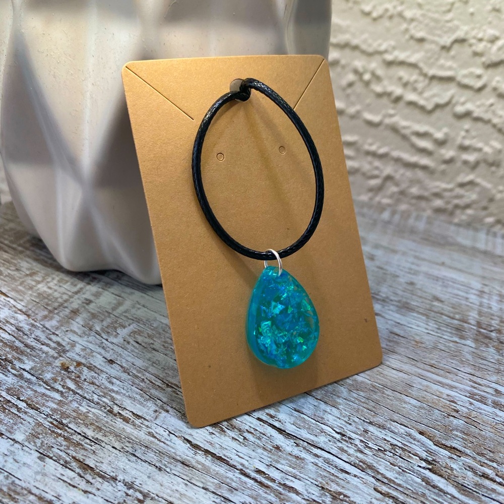 Iridescent Blue Teardrop Necklace - Handmade